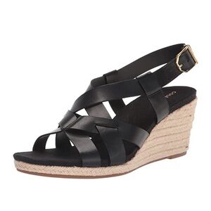 COLE HANN Crystal Black Leather Espadrille Wedge Slingback Sandal